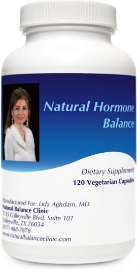 A bottle of natural hormone balance supplement.