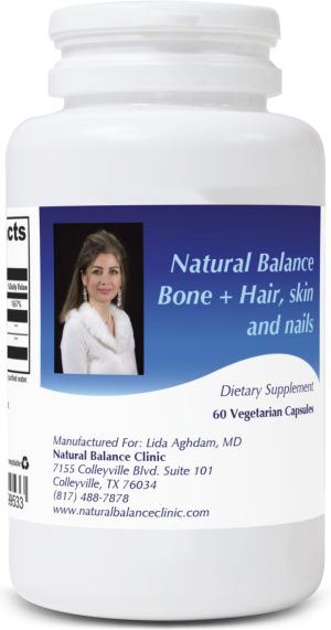A bottle of natural balance bone, hair and skin supplement.