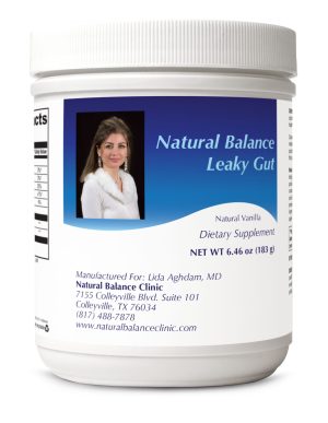 A jar of natural balance leaky gut supplement.